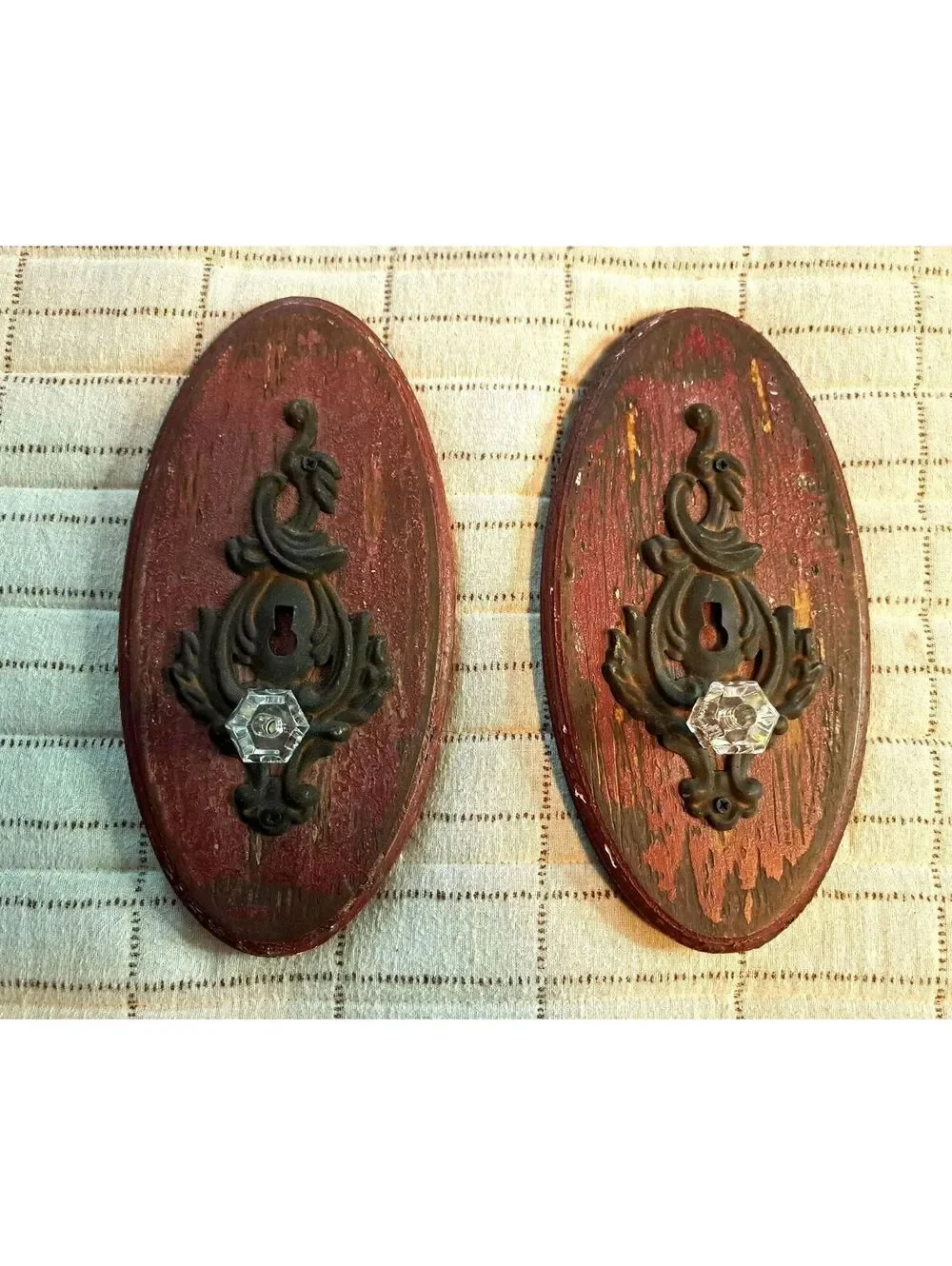 Vintage Rustic Farmhouse Decor Set of 2 Wall Hanging Coat/Hat Hooks Crystal Knob